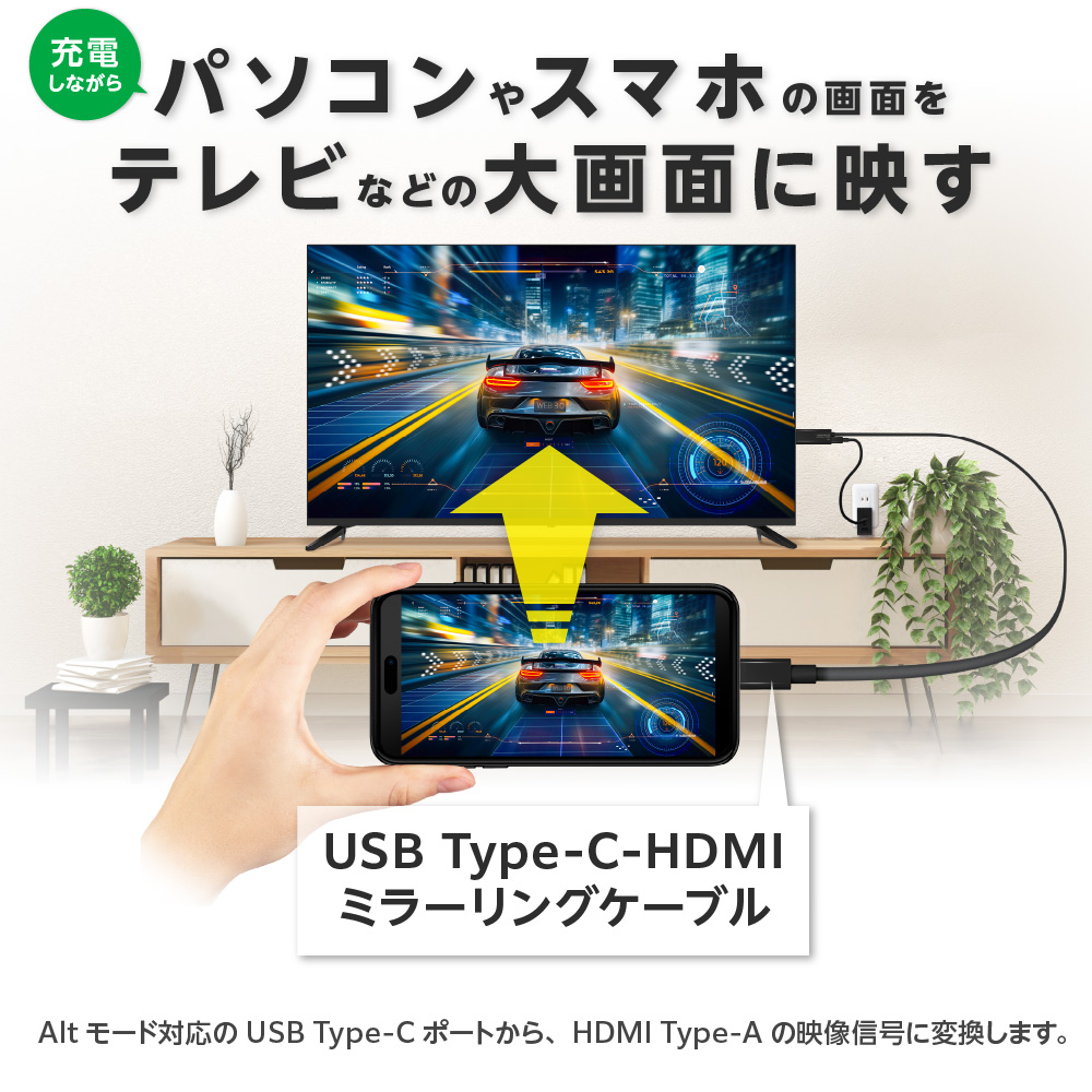 HDMIミラーリングケーブル 2m USB Type-C Altモード パソコン
